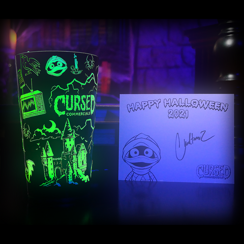 Limited Edition Light Up Cursed Commercials Cup + Autographed Halloween Art Card